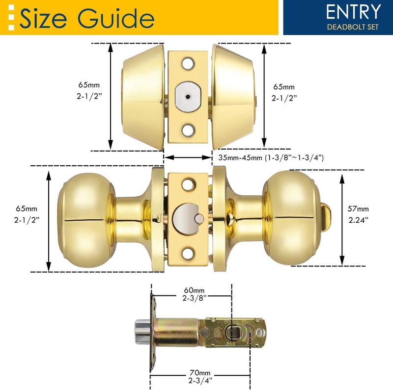 Brotima 1 Pack Polished Brass Round Style Entry Door Knobs and Deadbolt Combination Set, Keyed Alike Double Cylinder Deadbolt Door Lock Set