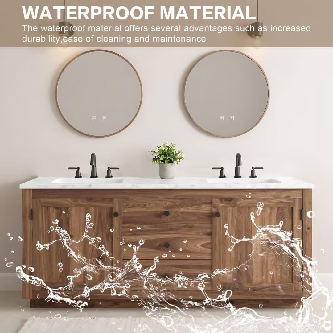 High QLO 80IN Bathroom Vanity - Modern Bathroom Vanity with Double Sink Includes Wood Grain Cabinet & Textured Countertop | American Retro Style,Round Smart Defogging Mirror
