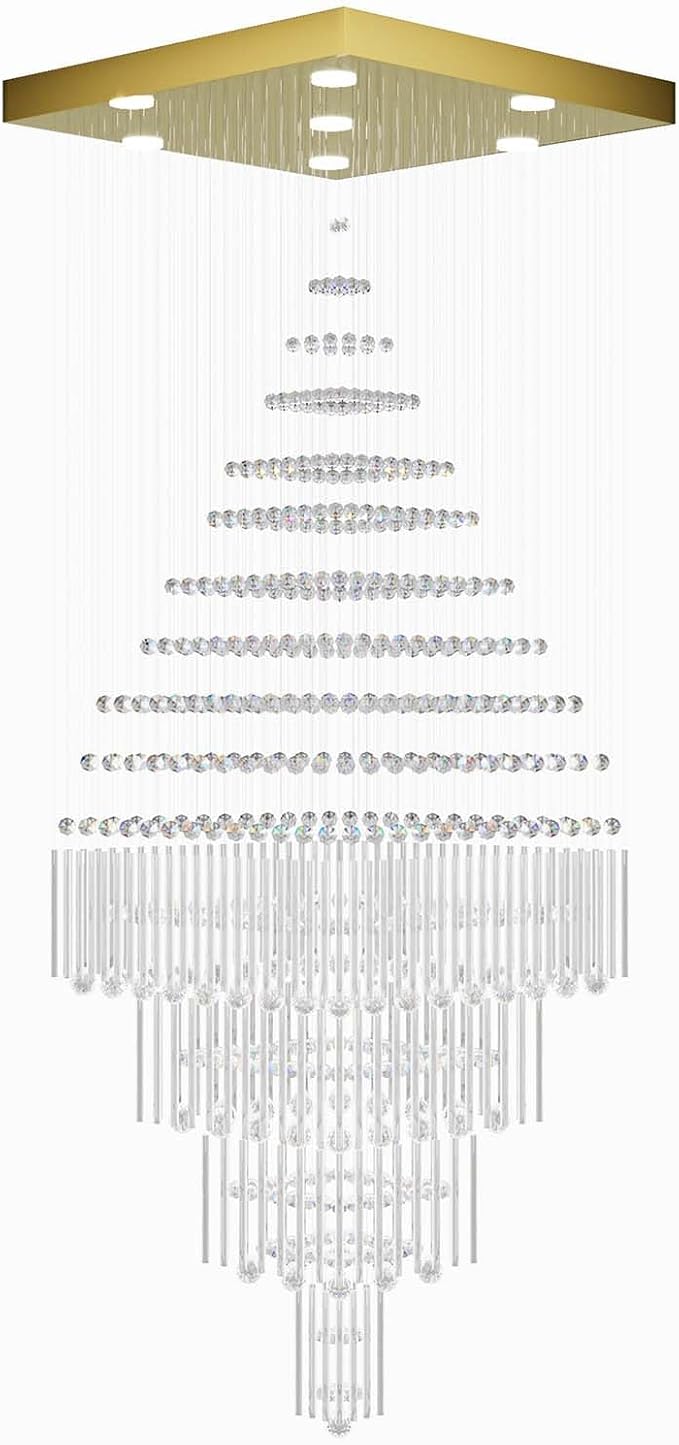 Flashing God D32''X H79'' Extra Large Chandeliers for High Ceilings Square Crystal Raindrop Gold Chandeliers Large Villa Chandelier Entrance Foyer Ceiling Light LED Dimmable 2700K-6000K