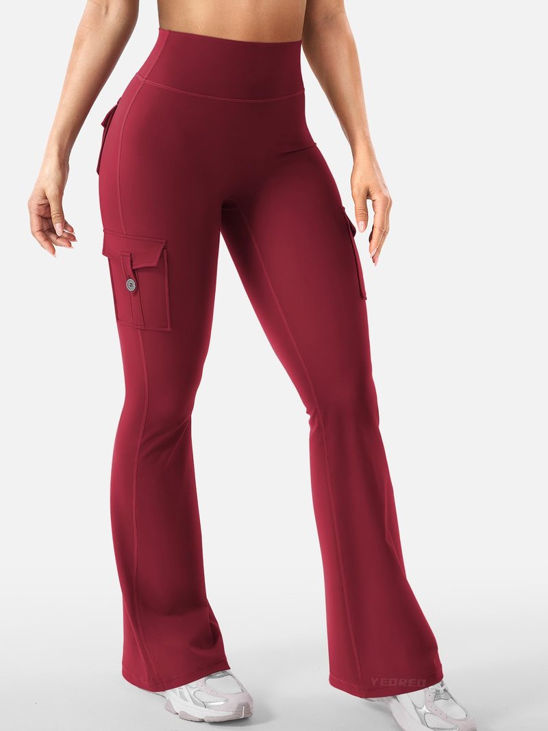 YEOREO CoreFlex Women Workout Flare Leggings with Pockets Hidden Scrunch Cargo Gym Yoga No Front Seam Leggings Wine XS