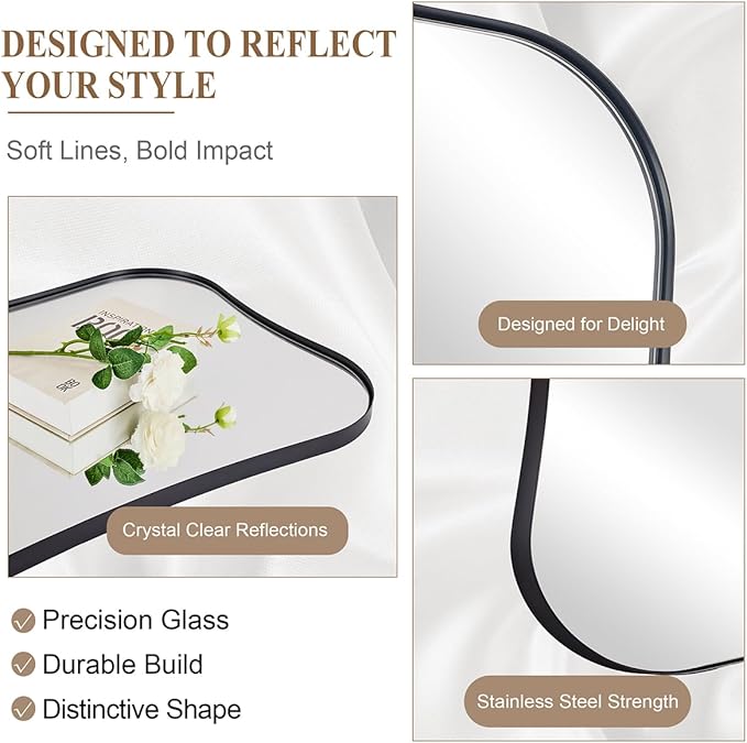 ANDY STAR 24x36 Inch Black Bathroom Mirror, Modern Scalloped Black Mirror with Unique Notched Edges Design in1 Inch Stainless Steel Frame Wall Mounted Horizontal/Vertical for Home Decor