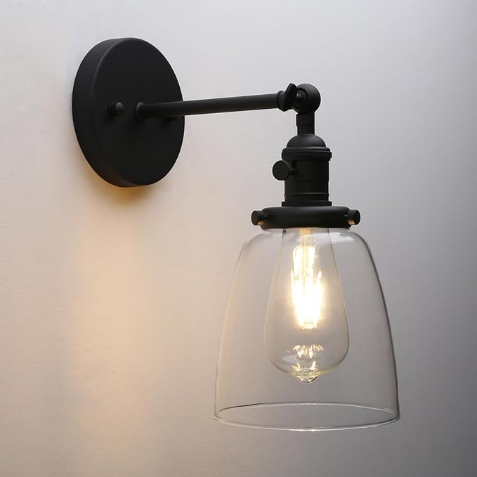 Pathson Vintage Hardwired Wall Sconce with On Off Switch, Clear Glass Black Vanity Light, Indoor Wall Lighting Fixtures for Bathroom Bedside Garage Porch Cafe Club