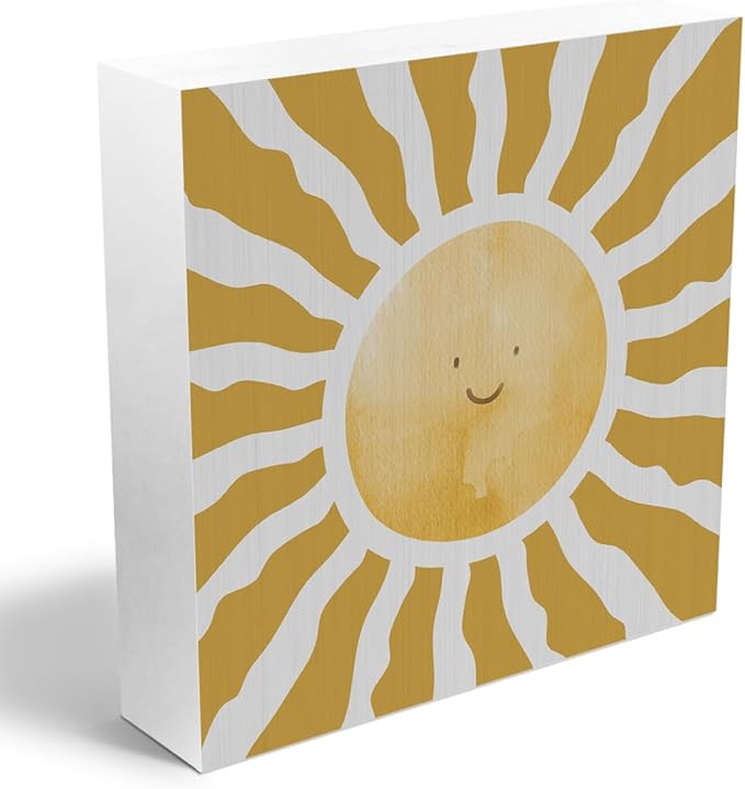 Inspirational Sunshine Wooden Box Sign, Boho Sun Decor, Spring Summer Rustic Farmhouse Home Nursery Playroom Toddler Room Classroom Decor Wood Block Plaque, Desk Table Shelf Decor Decorations