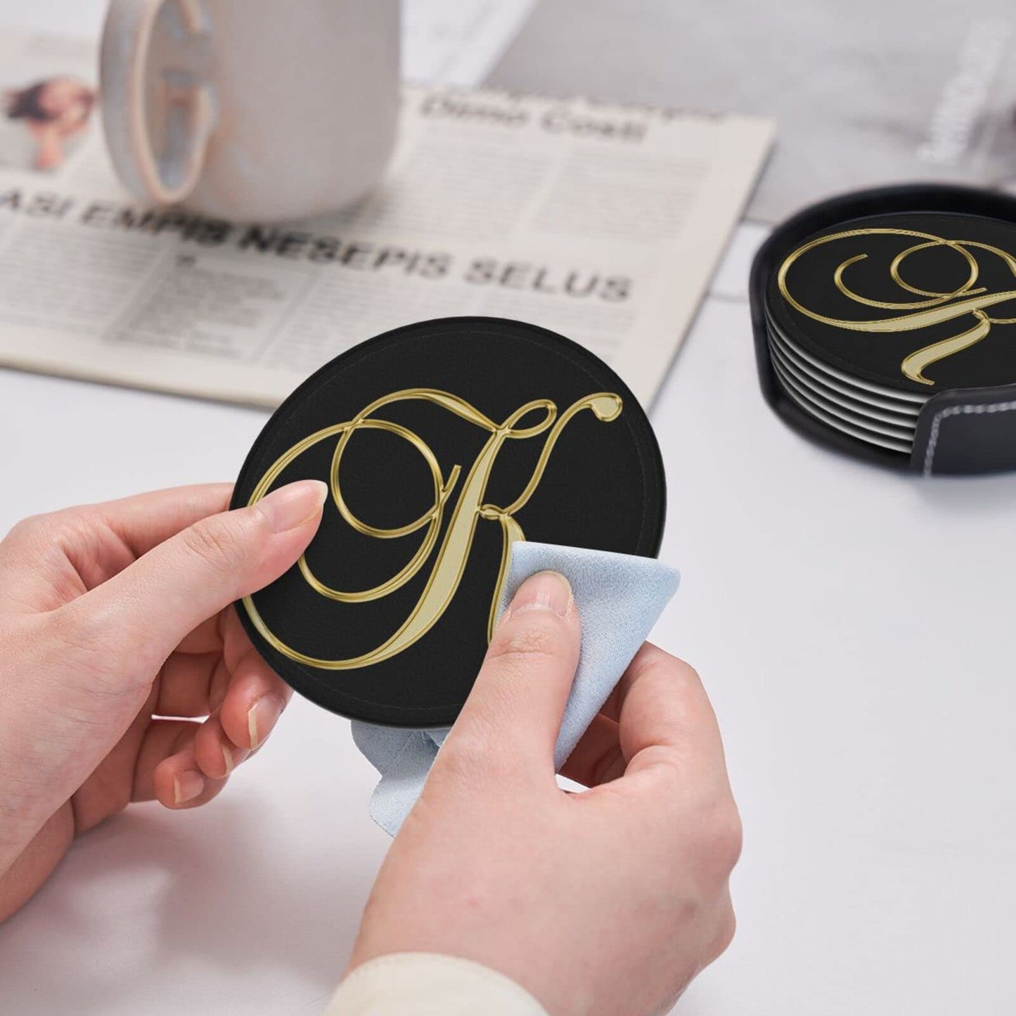 Famame 6 Pcs Letter K Alphabet Gold Print Leather Coasters for Drinks with Holder Coaster Sets Drink Table Cup Coasters for Living Room Kitchen Coffee Decor