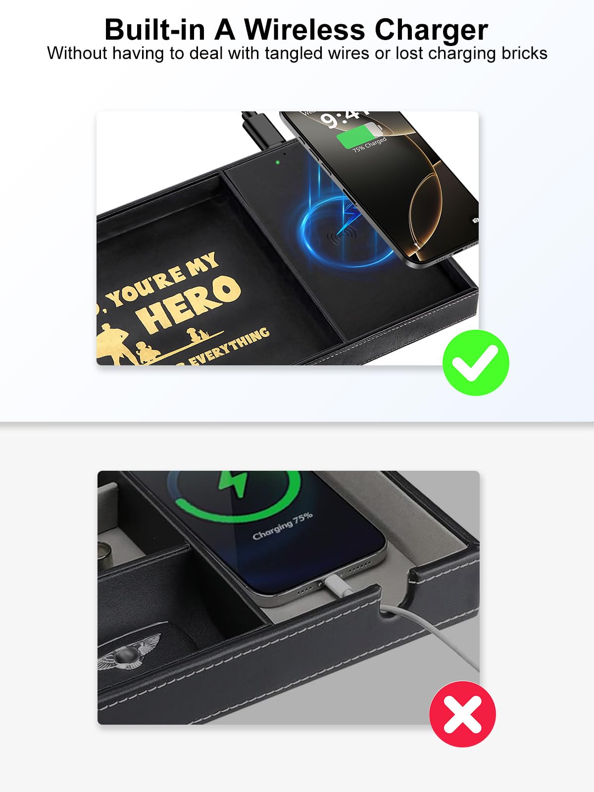 Leather Valet Tray with Integrated Wireless Charger -EDC Nightstand Organizer for Men - Premium Catchall Tray for Phone, Watch, Keys - Aesthetic Office Desk Accessories