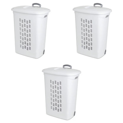 Sterilite 3-Pack Ultra Wheeled Hamper, Laundry Basket w/ Flip-Top Lid & Retractable Handle - Plastic Rolling Clothes Storage Cart with Ventilated Holes for Home, Apartment or Dorm