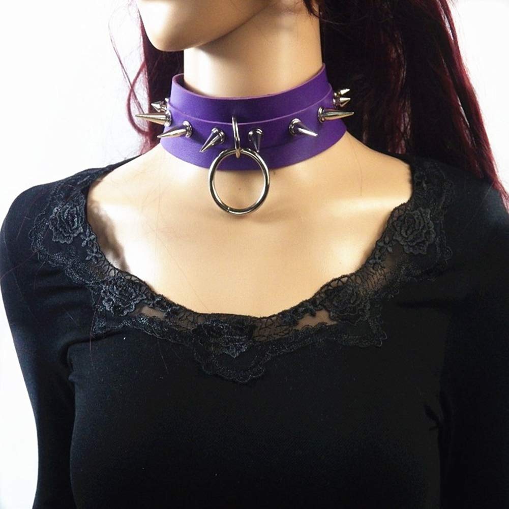 WeeH Gothic Choker Set for Women and Men - Pack of 8 Purple PU Punk Rock Necklace Vintage Collar Cosplay Costume Accessory