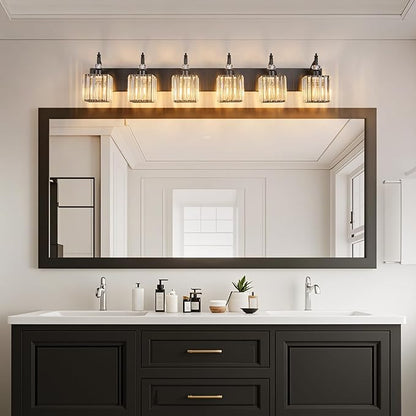 Crystal Vanity Lights - Black, 6 Light Bathroom Vanity Light with Crystal Fixture, Modern Style for Bathroom Mirror