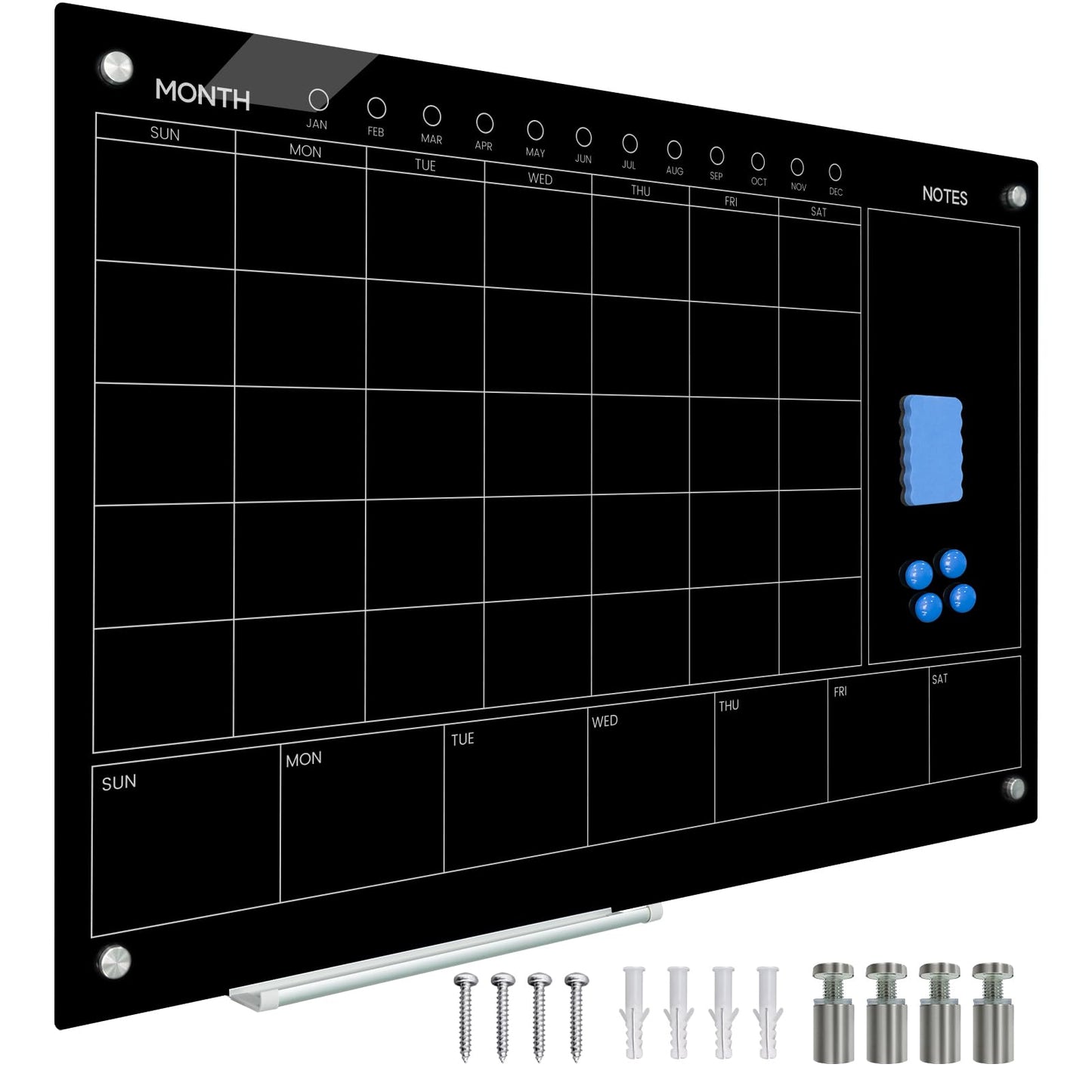 JYYPWB Magnetic Glass Whiteboard 36X24 Monthly Planner Calendar Dry Erase Board for Home, School, Office, Frameless, with Markers, Marker Tray, Eraser, Magnets (Black)