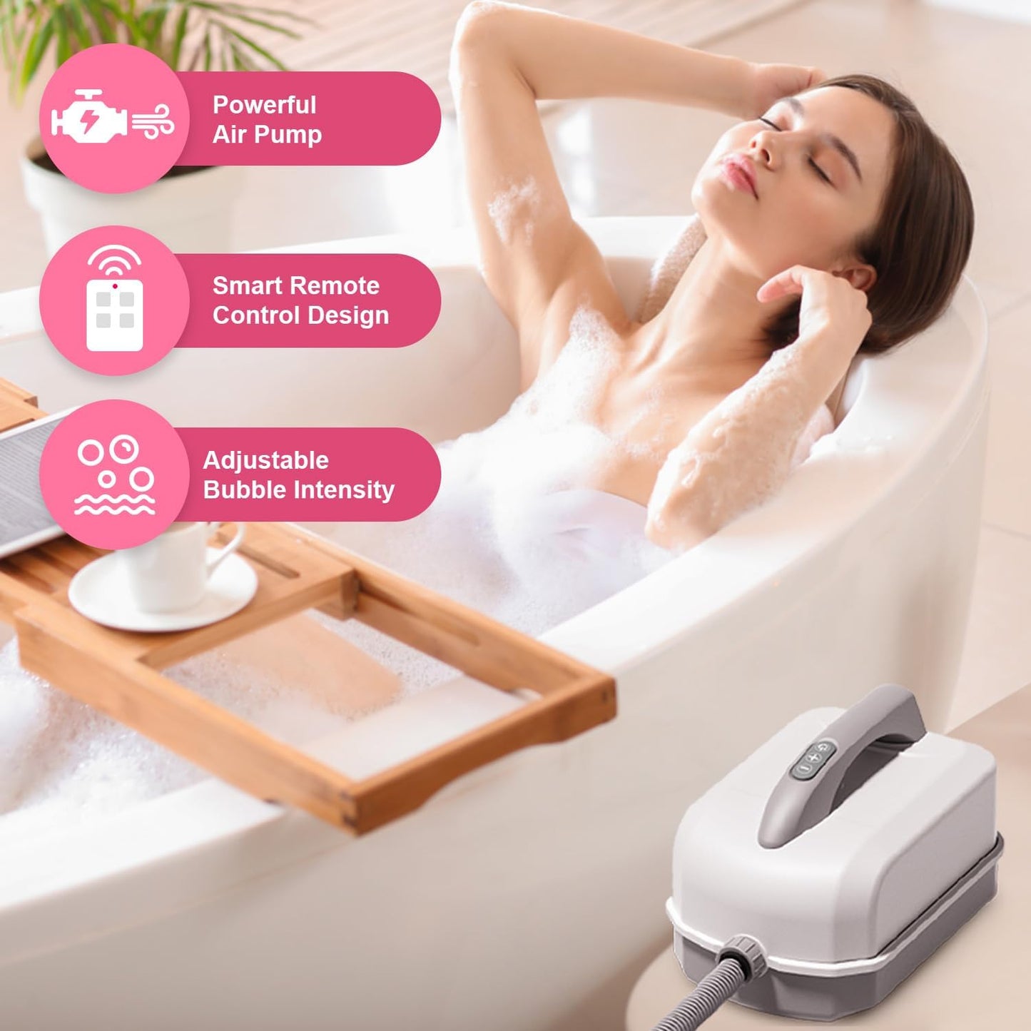 Flgocexs Bubble Bath Mat,Full Body Waterproof Spa Mat for Bathtub, 6-Speed Bubbles, Remote Control & Non-Slip Suction Cups for Home Relaxation Pink