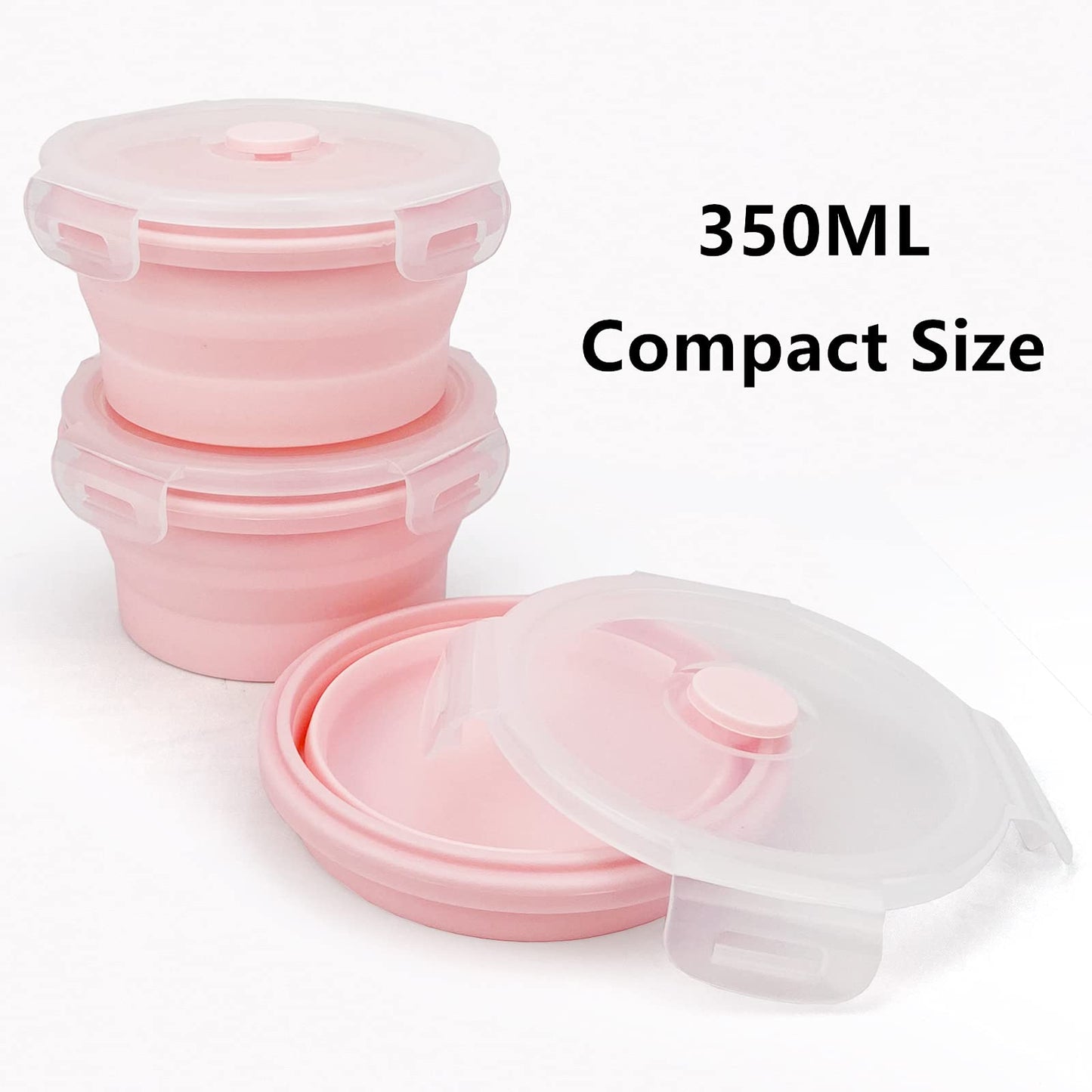 CCyanzi 3piece Round Collapsible Bowl with Lids, Silicone Food Storage Containers, Microwave & Freezer Safe, Space Saving for Kitchen Cabinet and Camping Backpack,(Pink)