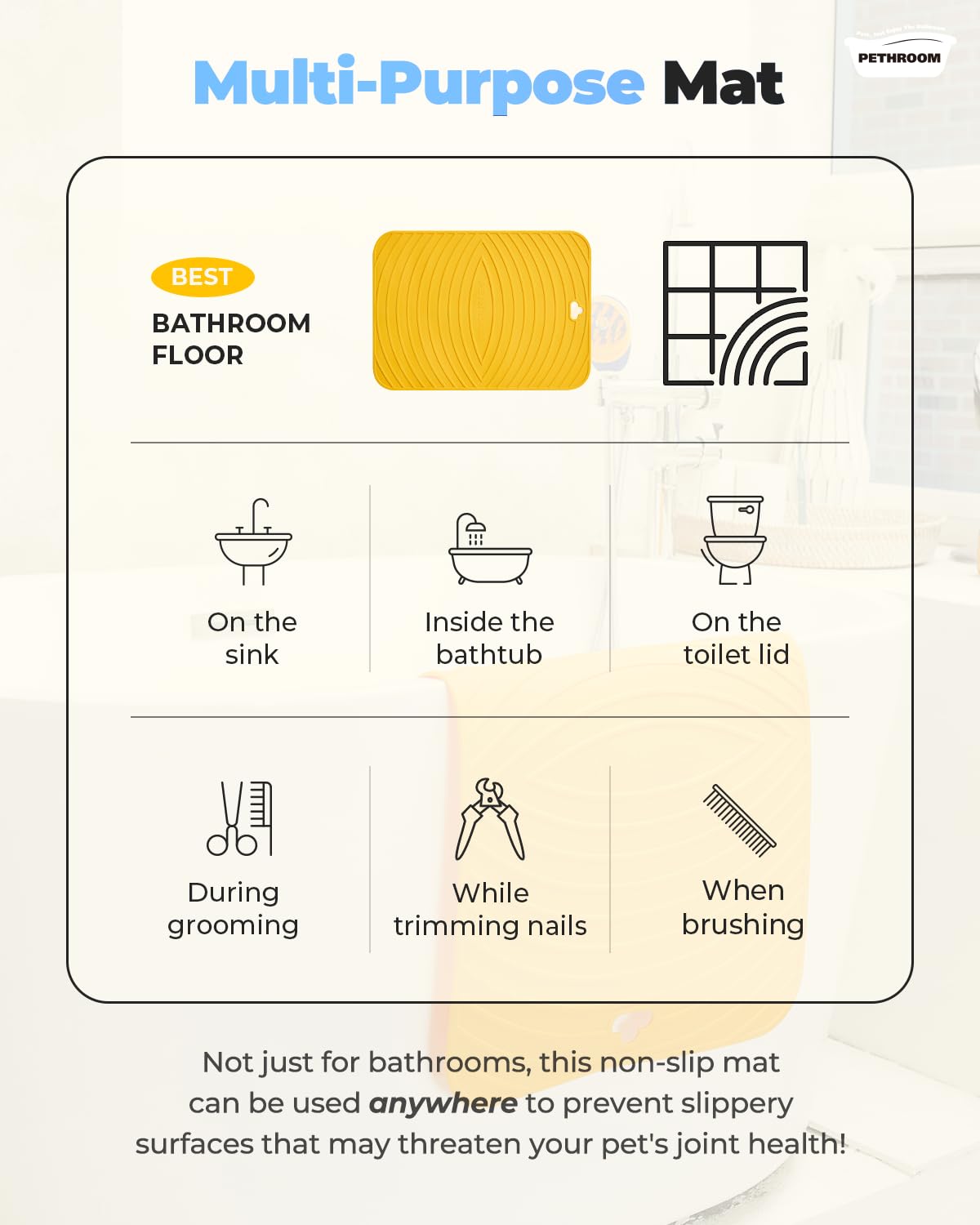 [PETHROOM] Premium Non-Slip Dog Bath Mat with Drying Hooks Sturdy, Durable & Versatile Pet Grooming Mat | Bathtub & Sink | Easy to Clean & Store 15.8" x 21.7"