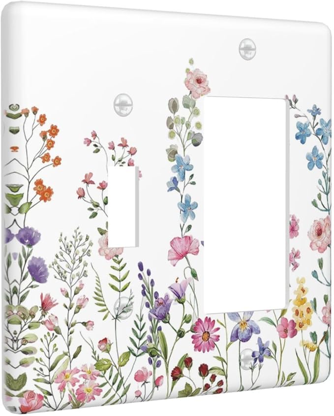 Rustic Wild Floral Vintage Watercolor Flower 2 Gang Combination Light Switch Cover Decorative Toggle Rocker/Decora Wall Plate Electrical Faceplate for Bathroom Kitchen Home Decor
