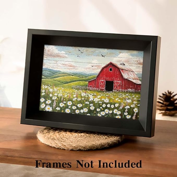 Yesad Country Red Barn Pictures, Daisy Canvas Wall Art Wildflower Meadow Poster Flower Print Rustic Farmhouse Decor Barn Painting Wall Decor Home Decoration for Living Room (Unframed,36”x24”,Barn2)