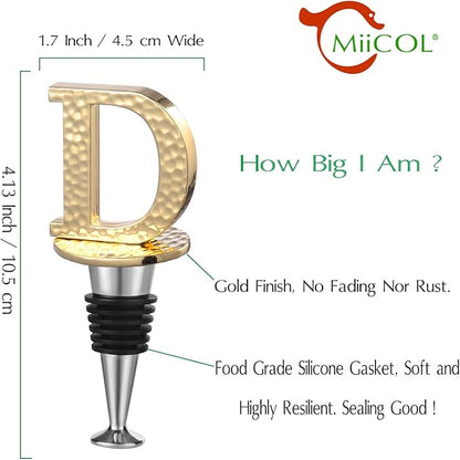 Miicol Wine Stopper, Prosecco Topper, Personalised Champagne Stopper, Gold Wine Accessories, Wine Lovers Gift, Monogram Gift, Letter D