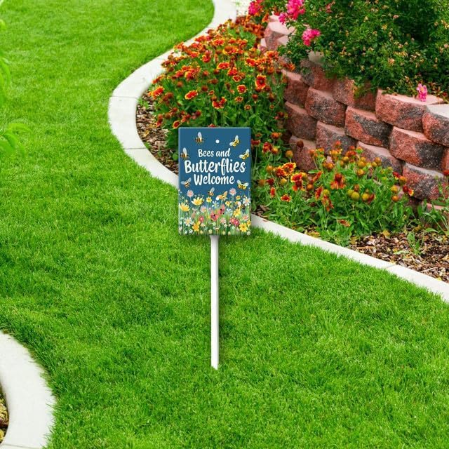 Uptell Bees Butterflies Welcome Here Yard Signs with Stakes Aluminum Sign for House/Front Door and Business Outdoor Decoration 7x8.8 Inch