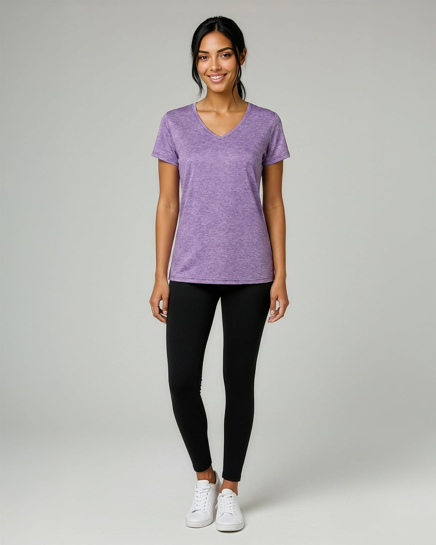 Real Essentials 5 Pack: Women's Dry-Fit Short Sleeve V Neck T Shirt Workout Fitness Yoga Top Tee, Set 7, L