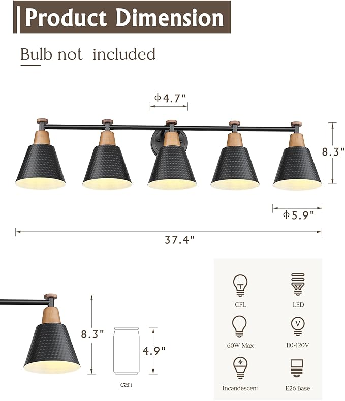 FEMILA 37.4" Black Vanity Light, Black Bathroom Light Fixture, Bathroom Lighting Fixtures Over Mirror with Matte Black Finish, 4FG59B-5W BK