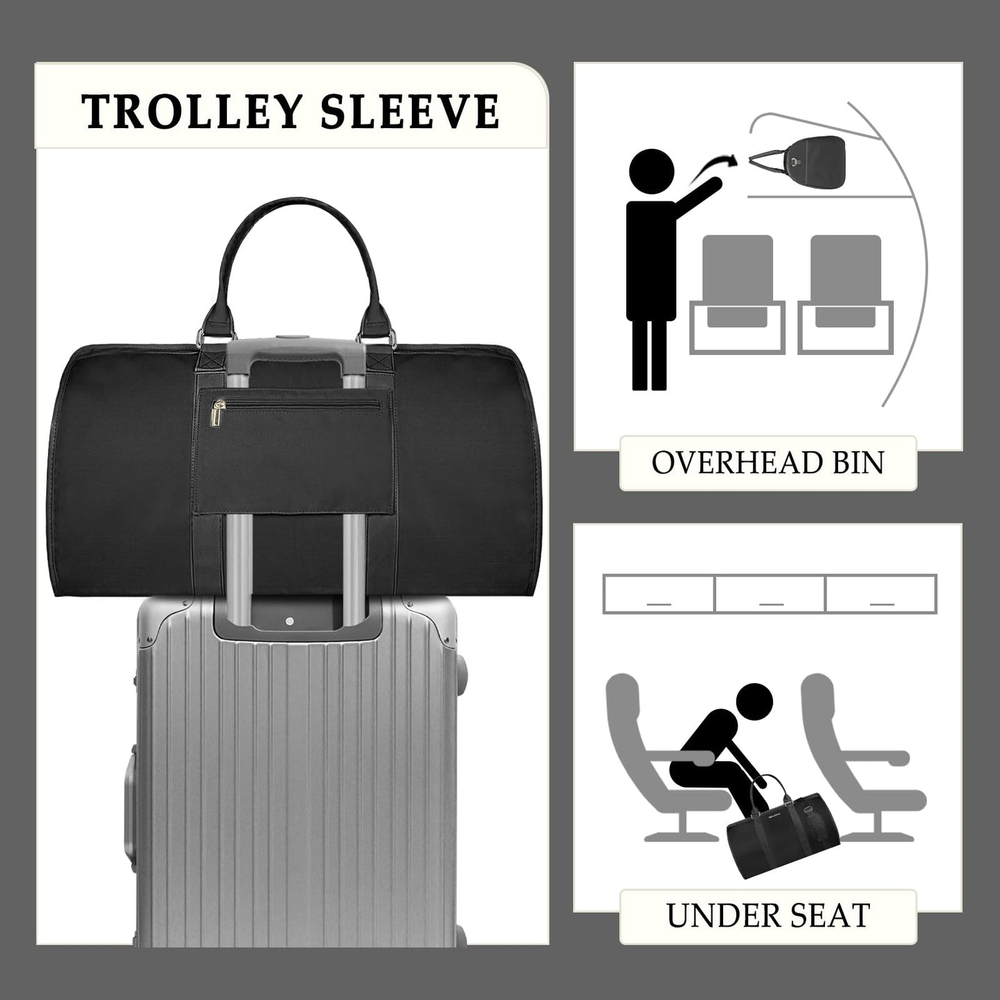 3Pcs Garment Duffle Bags for Travel Convertible Carry on Garment Bag for Women Men Travel Duffle Bag Includes Shoe Pouch & Hanging Suit Bag for Clothes/Dresses, Black