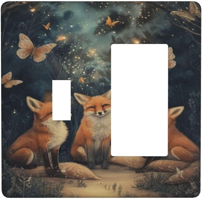 Decorative Art Light Switch Covers Foxes & Forest 2 Gang Single Toggle Rocker Combination Electrical Faceplate Switchplate Wall Plate for Home Decor