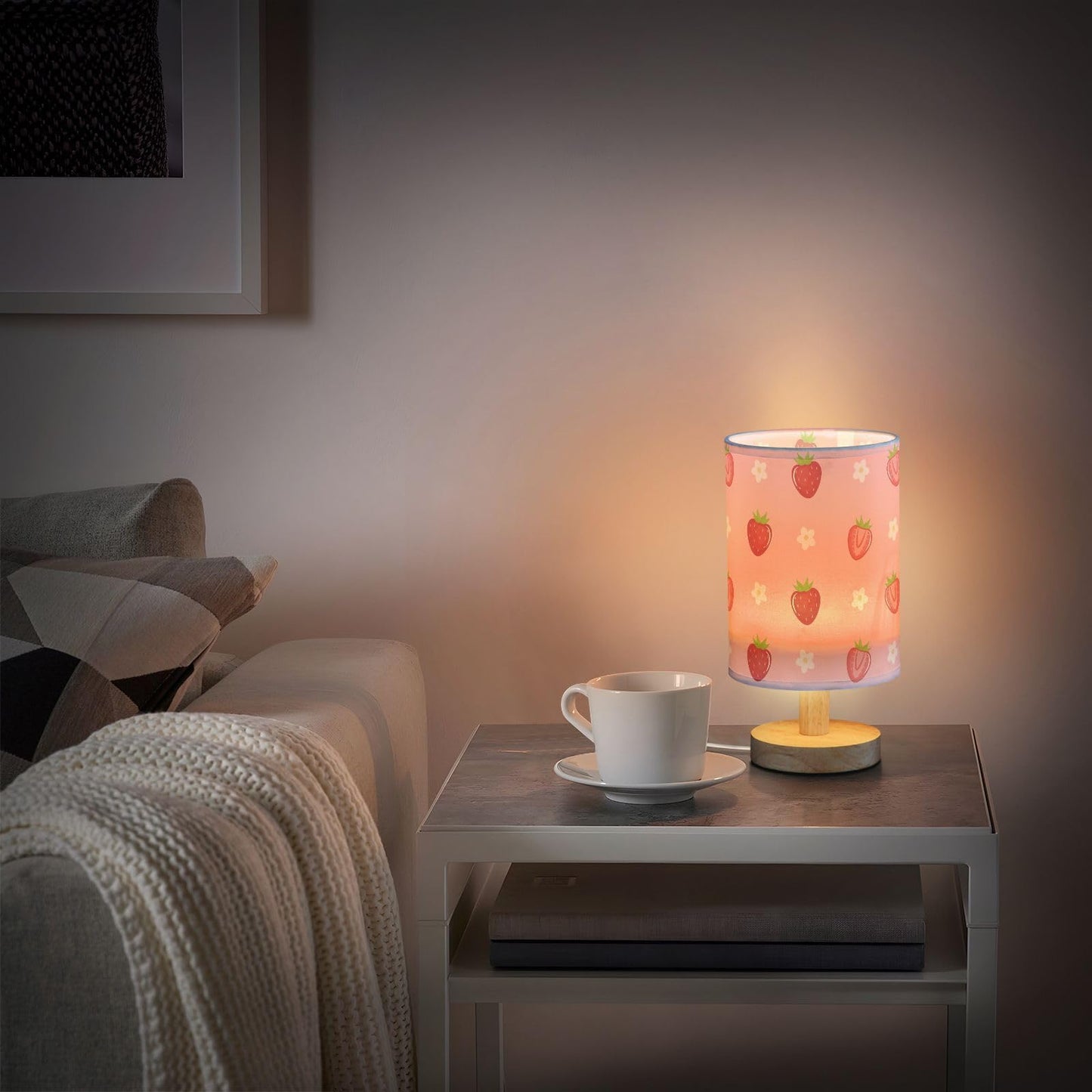 Oarencol Bedside Table Lamp Cute Strawberry Florals Nightstand Lamp with Wood Fruits Flowers Pink Desk Lamps for Bedroom Living Room Nursery Office Home Decor