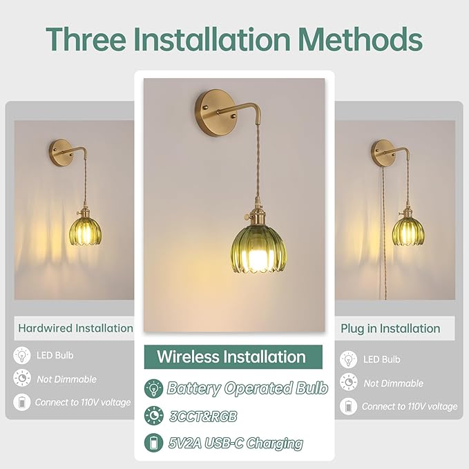 Battery Operated Wall Sconce with Green Tulip Shade Pattern Glass Adjustable Chain Retro Gold Wall Mounted Light, Modern Wall Decor for Bedside Bedroom Indoor Doorway， Set of 2