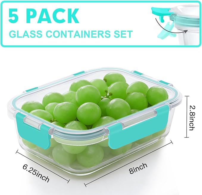 VERONES 5 Pack 36 OZ Glass Meal Prep Containers, Airtight Glass Lunch Containers Set, Glass Food Storage Containers with Lids,Exclusive of BPA, for Microwave, Oven, Freezer & Dishwasher Friendly,Green