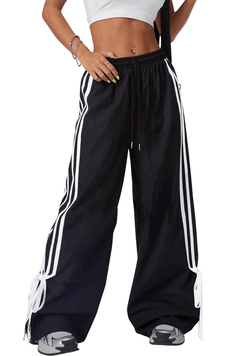 BEAUDRM Women's Y2K Baggy Bow Wide Leg Pants Striped Track Elastic Waist Long Sweatpants Parachute Pants Black and White Large