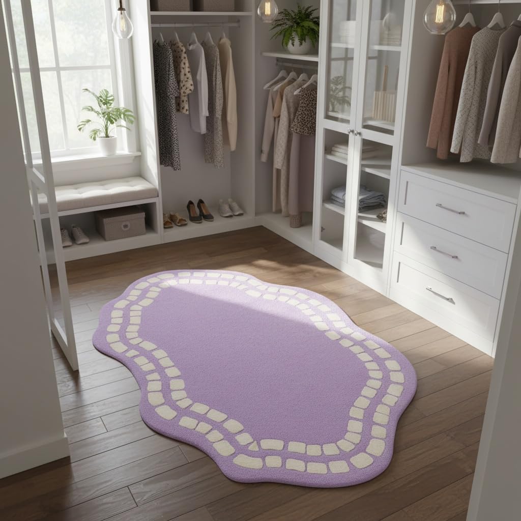 Irregular Shaped Rug 3x5 Minimalist Washable Non-Slip Area Rugs for Living Room Dining Room Bedroom Ultra Soft Faux Wool Nursery Playroom Carpet Lavender Purple Irregular Wavy Edge Throw Mat