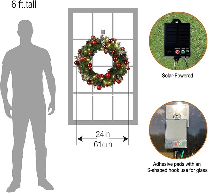 4pack Solar Christmas Wreath 24 Inch Pre-Lit Solar 50 Led Artificial Wreath Outdoor Front Door Window Christmas Decorations with Frosted Branches Red Christmas Balls (2408-4pk)