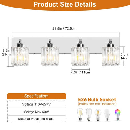 LKHF Brushed Chrome Crystal Bathroom Vanity Light, 4-Light Modern Bathroom Lighting Fixtures Over Mirror,Chrome Wall Sconce Light Fixtures with Square Shade