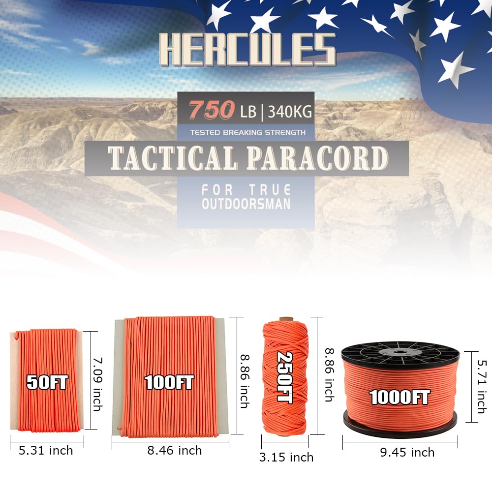 HERCULES 750lb Paracord 4mm 11 Strands Tactical Parachute Cord, 50' 100' 250' 1000' Utility Rope for Camping, Survival, Outdoor Gear (Neon Orange, 50FT)
