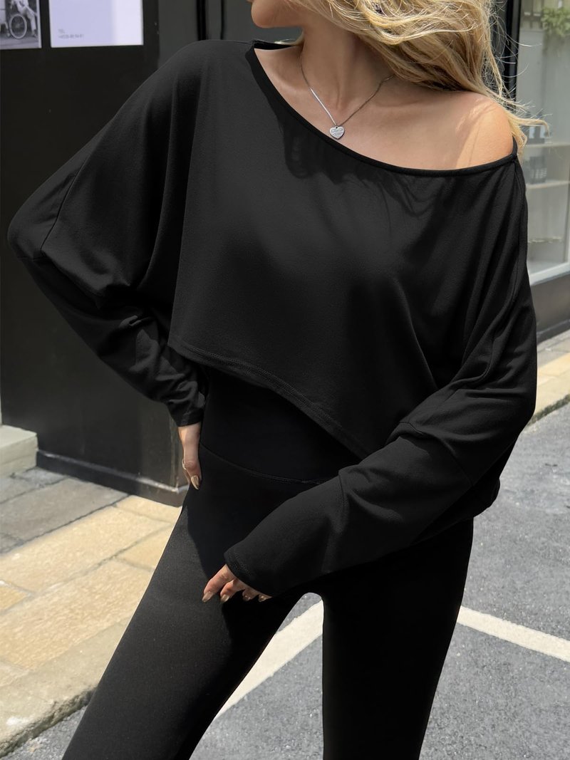 Fisoew Womens Off The Shoulder Cropped Tops Batwing Long Sleeve Loose Fit Summer Boat Neck Workout T Shirts Black