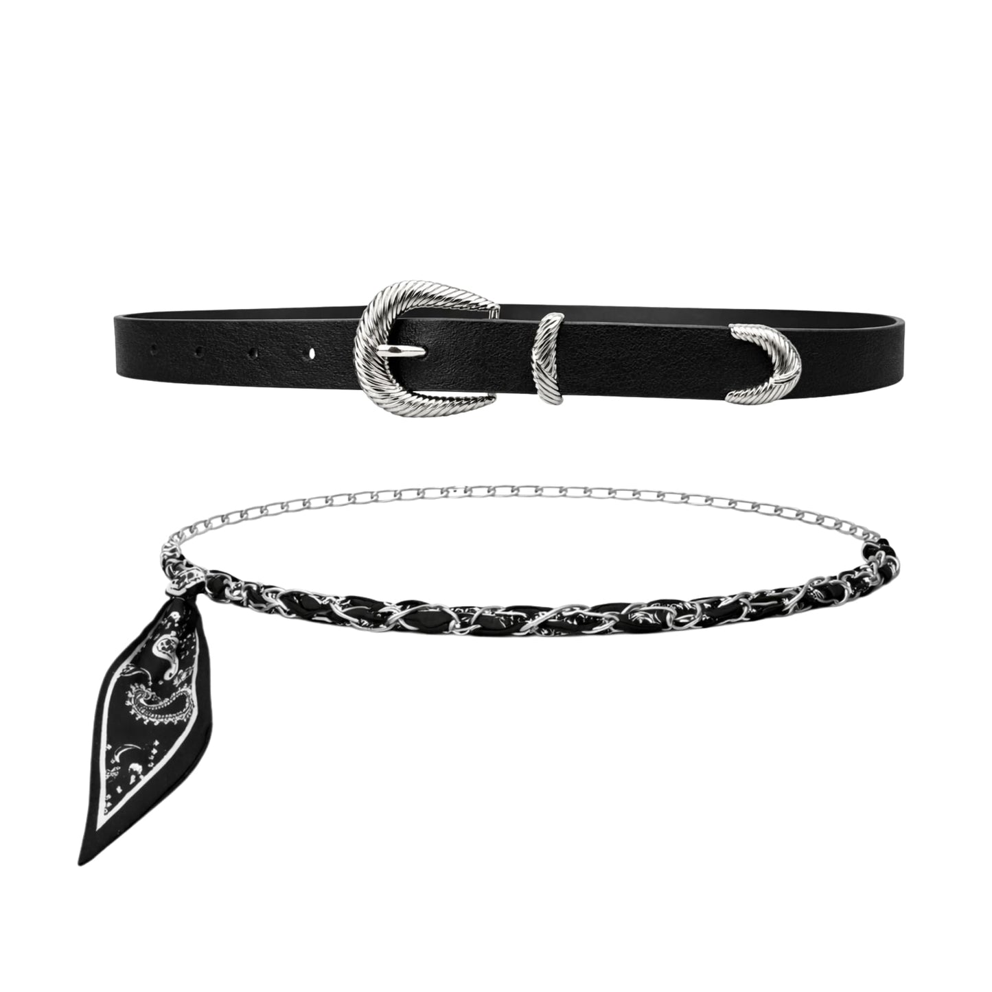 Women’s 2-Pack Belts – Faux Leather Skinny Jean Belt and Scarf Chain Belt – Stylish Waist Accessories for Everyday Wear (Black with Black Scarf Belt, L/XL)
