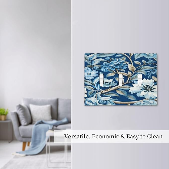 Blue Flowers Branches Leaves Floral Pattern Light Switch Covers 3 Gang Triple Toggle Wall Plate Decorative Switchplate Electrical Faceplate for Farmhouse Living Decor