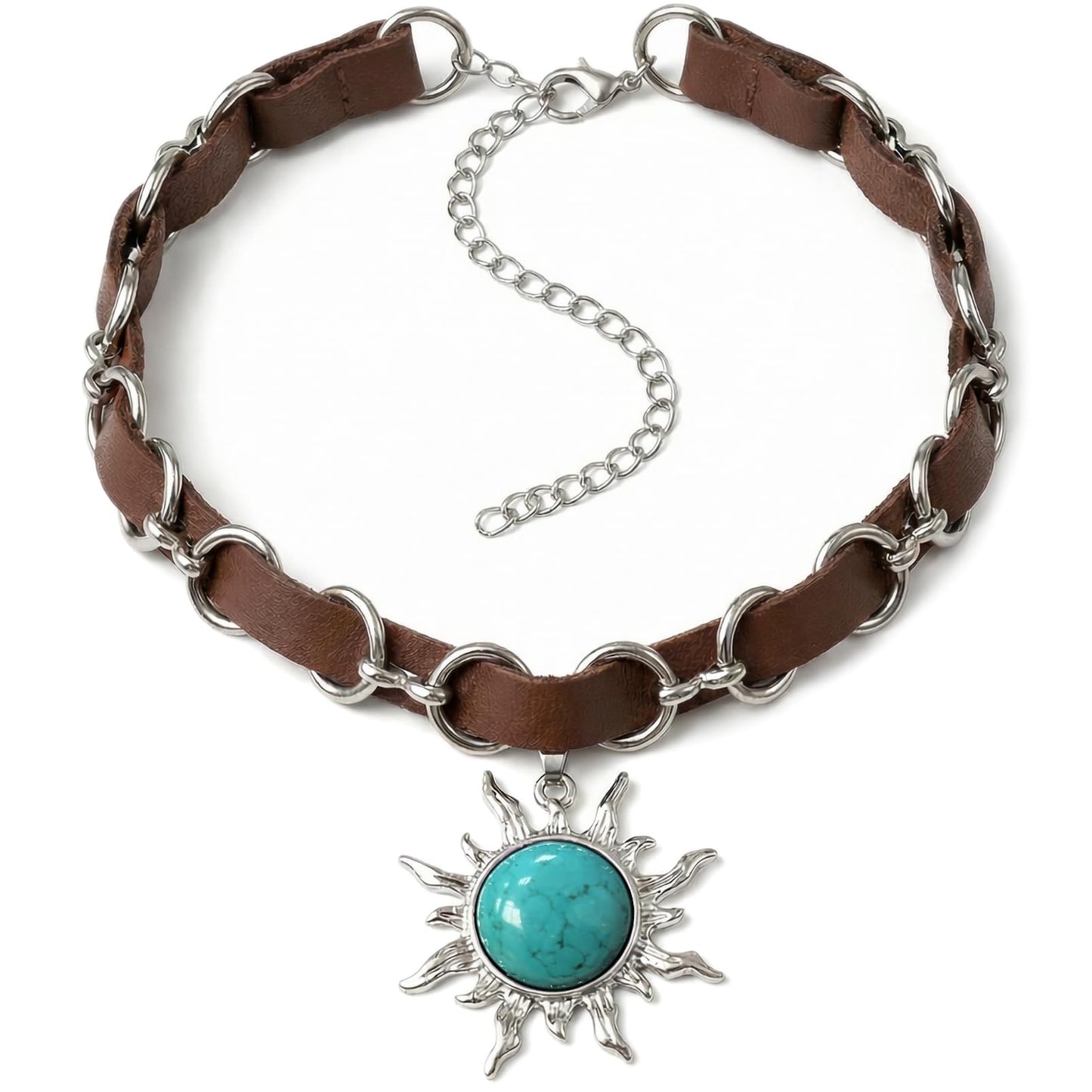 Ladywowu Turquoise Choker Necklace, Western Necklace with Sun Pendant, Adjustable Turquoise Necklace for Women