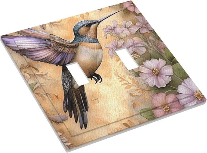 Decorative Art Light Switch Covers Blossom & Hummingbird 2 Gang Double Toggle Wall Plate Decorative Switchcover Electrical Switchplate for Home Decor
