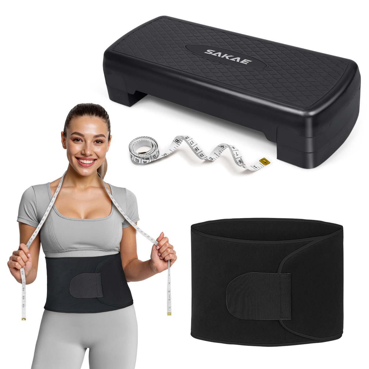 Aerobic Step Platform Set with Waist Trimmer & Measuring Tape, Adjustable Height 2 Level Risers Workout Step Exercise Platform Trainer, Aerobic Steppers for Home Exercise Fitness, Black