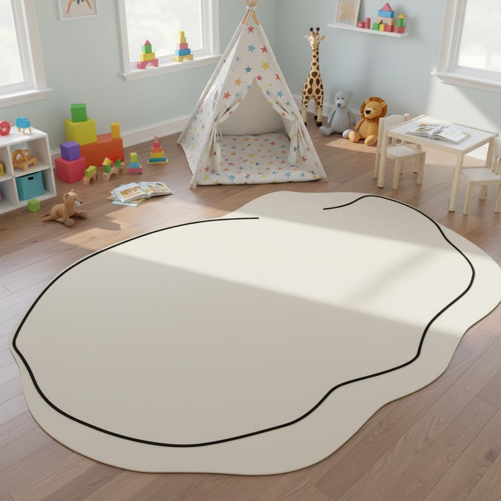 Irregular Shape Modern Minimalist Line White Rug 4x6 Boho Chic Washable Area Rug for Living Room Bedroom Diningroom Art Deco Home Office Carpet