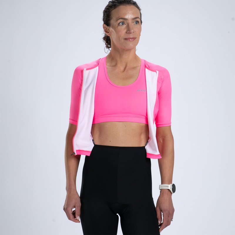 Zoot Women’s Core Tri Aero FZ Racesuit, Short Sleeve Moisture-Wicking Triathlon Suit, Plush Chamois & Race Day Storage - Bright Pink - Large