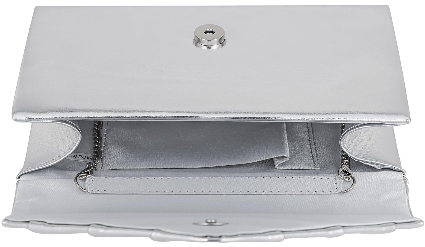 Venoline Women Evening Clutch Purse - Shimmering Metallic PU Leather Pleated Flap Envelope Handbag for Wedding Prom Party Silver