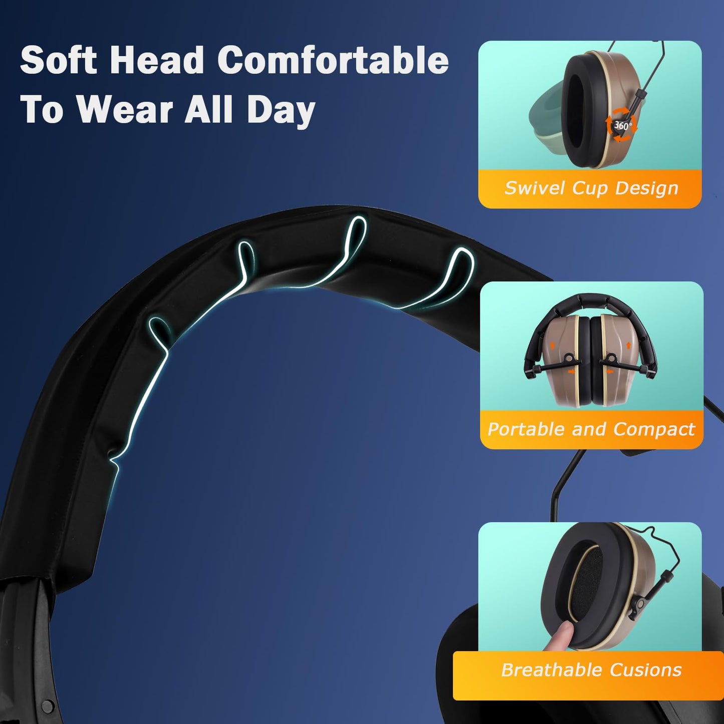 HUARUI Hearing Protection Ear Muffs SNR 29dB Noise Cancelling Headphones for Adults Kids Autism,Safety Earmuffs for Hunting,Shooting, Mowing, Construction (YBrown)