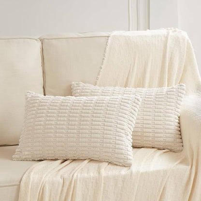 Fancy Homi Cream Boho Lumbar Decorative Throw Pillow Covers 12x20 Inch for Living Room Couch Bedroom, Soft Corduroy Rectangle Solid Cushion Case 30x50 cm, Rustic Farmhouse Home Decor