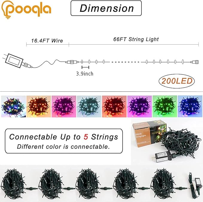 Pooqla Christmas Blue String Lights, 200 LED 66 ft Indoor and Outdoor Lights, 8 Modes Holiday Fairy Light for Home Yard Patio Wedding Party, Halloween Decoration, Blue
