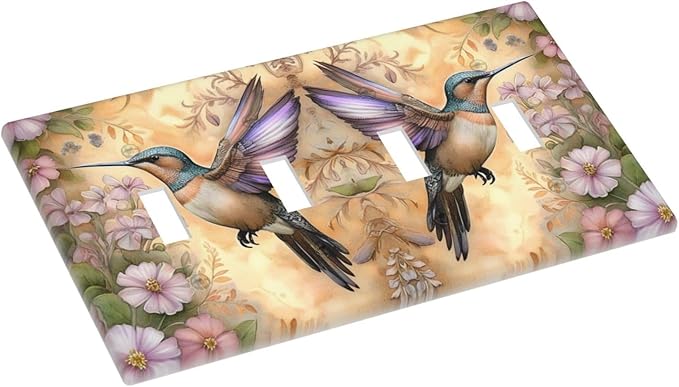 Decorative Art Light Switch Covers Blossom & Hummingbird Quad Toggle 4 Gang Wall Plate Switch plate Electrical Faceplate for Home Decor