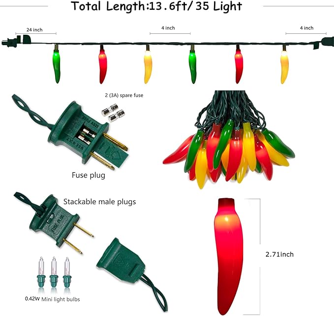 13.6FT Chili Pepper Lights Lights with 37 Mini Triplecolor Chili Lights(2 Spare),Outdoor Christmas Incandescent Pepper Lights for Indoor Outside Garden Patio Mexican Xmas Day Decor Parties