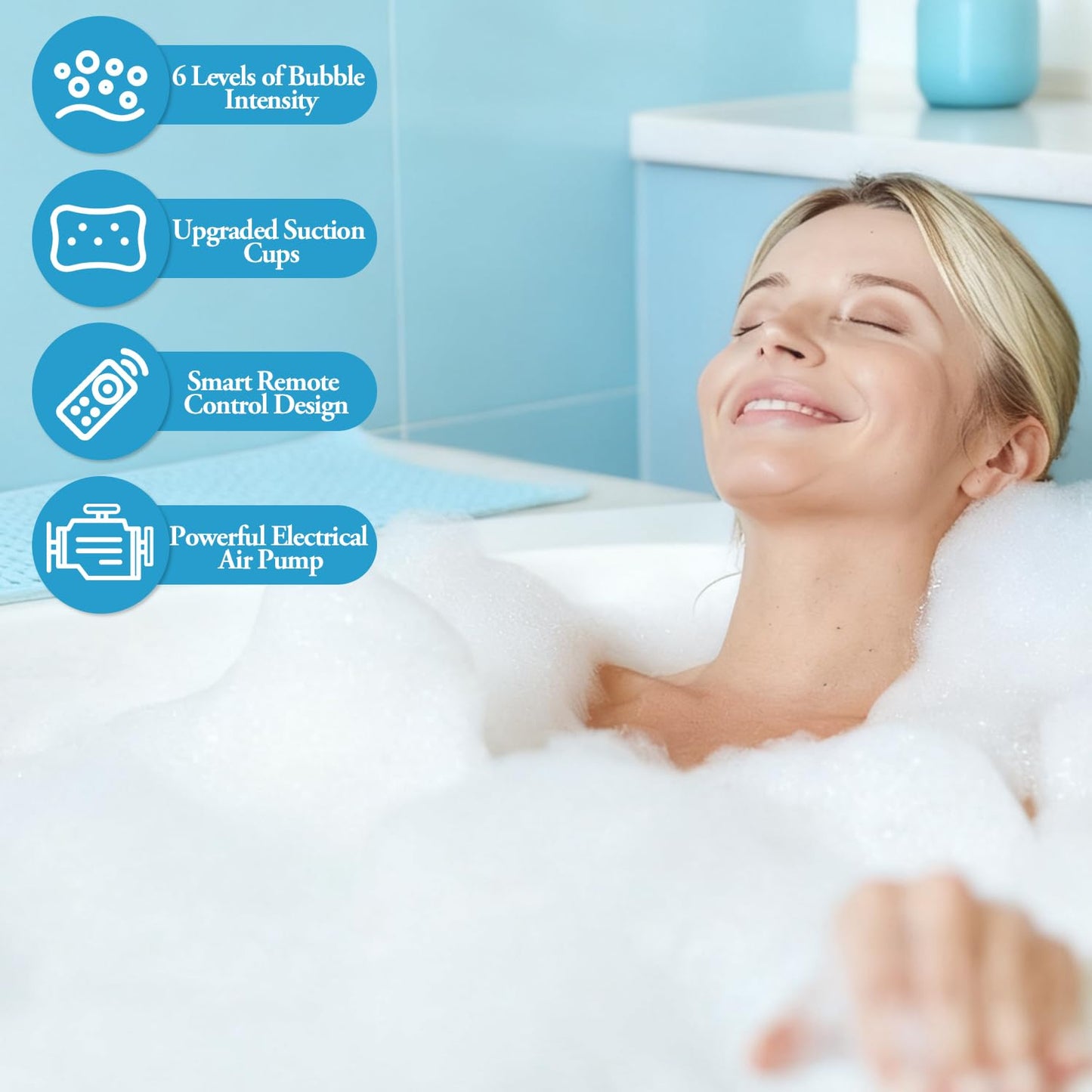 Crossing King Portable Spa Bubble Bath Massager - Bubble Bath Mat Tub Spa Massager with Upgraded Powerful Suction Cup, Electric Air Pump, Pillow and Remote Control for Relaxation, 45 * 17in (Blue)