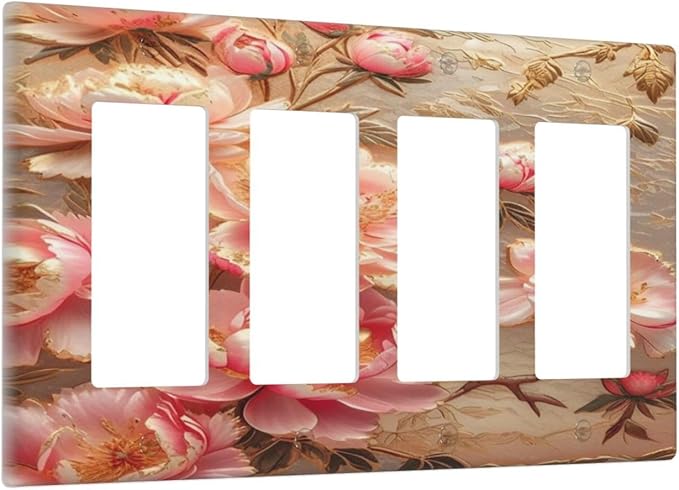 Pink Blooming Flowers Peonies Floral Light Switch Cover 4 Gang Rocker Decora Outlet Covers Wall Plate Decorative Switch plate Electrical Faceplate GFCI for Farmhouse Living Decor