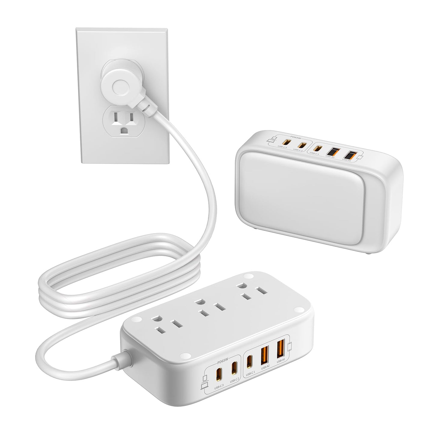 Portable USB Power Strip with 65W PD Fast Charging, 7-in-1 Flat Plug 3 USB-C 2 USB-A Ports 2500W AC Outlets, 175W Total Extension Cord for Home/Office/College/Travel (White)