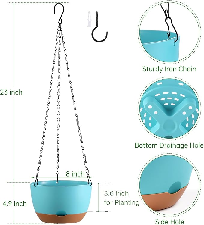 Set of 2 8 Inch Self Watering Hanging Planters for Indoor Outdoor Plants, Color Blocking Hanging Baskets Flower Pots with Drainage Hole & Removable Water-Storage Tray and 20" Chain Hanger